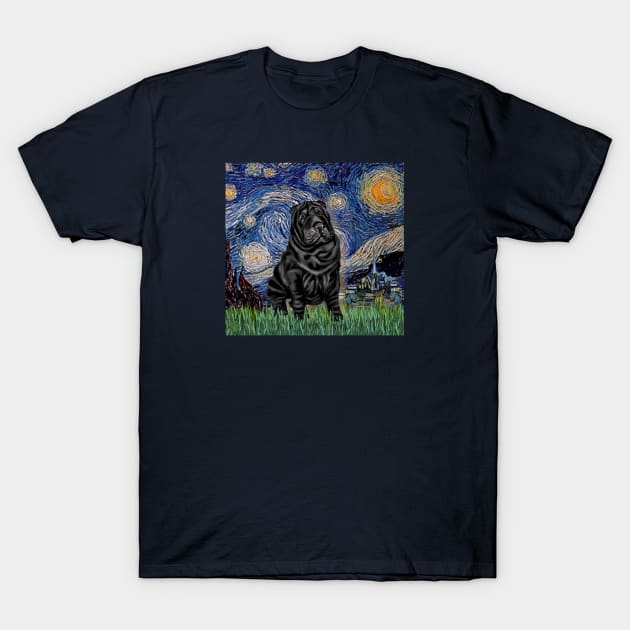 Starry Night Adapted to Include a Black Chinese Shar Pei T-Shirt by Dogs Galore and More